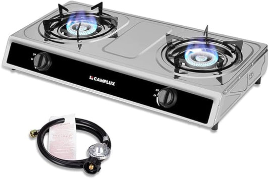 CAMPLUX 2 Burner Propane Camping Gas Stove for Outdoor Cooking, 19,600 BTU Portable Double Burner Propane Cooktop Stainless Steel with Auto Ignition, Estufa de Gas Portatil, for Patio, Camping, BBQ