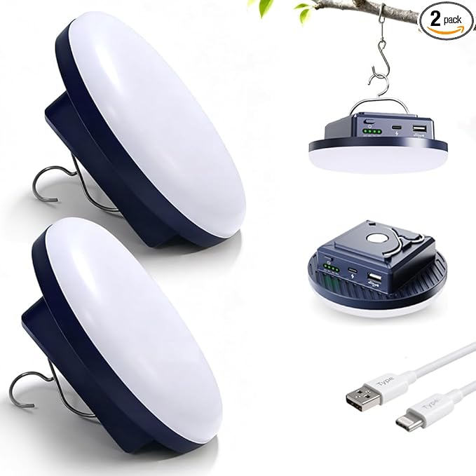 Camping Lights Tent Light 4500 Lumens 45W Rechargeable LED Lantern Magnetic Hanging, Portable USB Outdoor Canopy, Emergency Lights for Home, Lanterns for Power Outages, Ice Shanty Lights（2pcs）