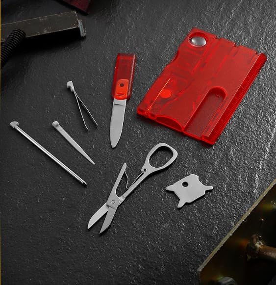 12-in-1 Credit Card Multi Tool, Pocket Survival Gear, Tool Gear Multitools and Accessories，Outdoor Barbecue Camping Tool Hiking Magnifier Tool,Multitools and Accessories (Red)