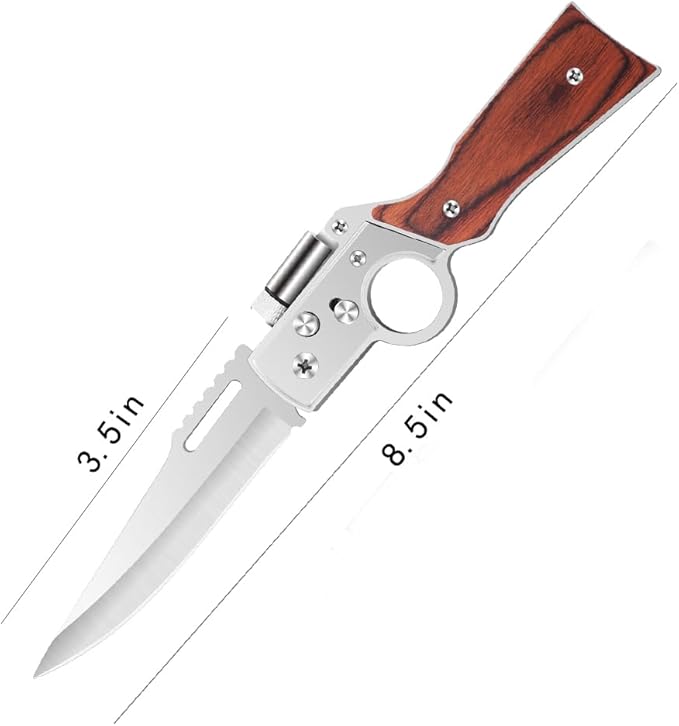 AK47 Style Tactical Folding Knife 4-Pack – Bulk Set with LED Light, Wood Handle, Laser Engraving Ready, Groomsmen Gifts for Men, Outdoor Camping Hiking Gear (4)