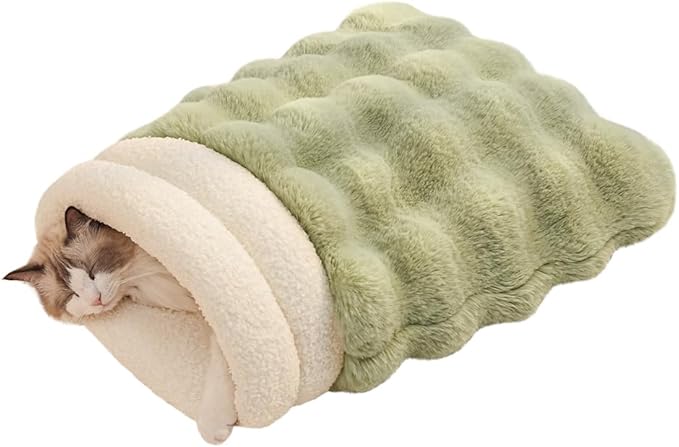 Self-Warming Cat Sleeping Bag, Enclosed Hooded Snuggle Sack with Dual-Side Plush Cat Cave Bed, Portable Foldable Pet Sleeping Pod for Indoor & Travel, Anti-Static, 21.7"x17.7"Green