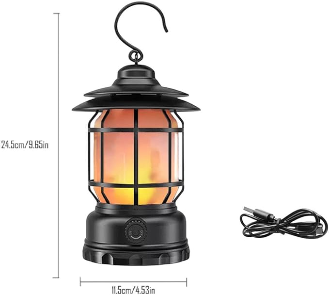 Rechargeable Camping Lantern, Flame Decorative Table Lamp, 2 Modes LED Lights with Hooks, Dimmable, Vintage Style, Portable Camping Light for Indoor/Outdoor Use
