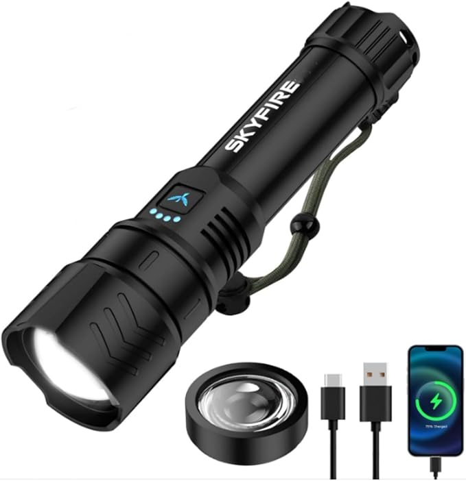 SKYFIRE Rechargeable Flashlights High Lumens with Ignition Lens,5000mAh Super Bright Flashlight Waterproof Powerful LED Tactical Flash Light for Camping Essentials Outdoor Home&Gifts