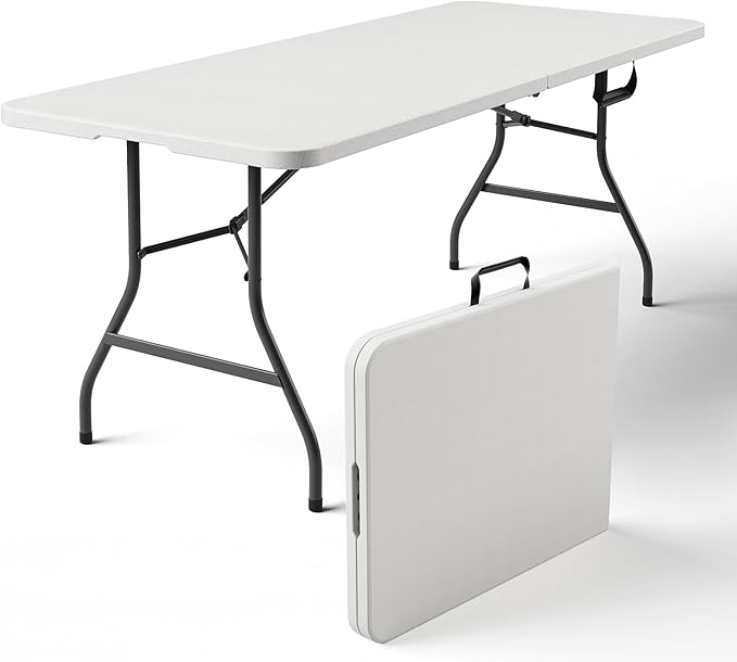 Folding Table 6ft - Heavy Duty Plastic Table with Handle, Foldable & Portable, Fold-in-Half Utility Tables for Outdoor, Dining, Wedding, Events, Indoor, Picnic, Camping, Party (White)