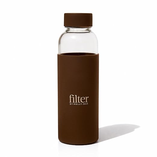 Filter by Molly-Mae Glass Water Bottle – 16.9 oz | Premium Reusable Glass Bottle with Rubber Grip Sleeve | Leakproof Water Bottle for Water, Juice & Cold Drinks | Stylish Sports Water Bottle for Gym