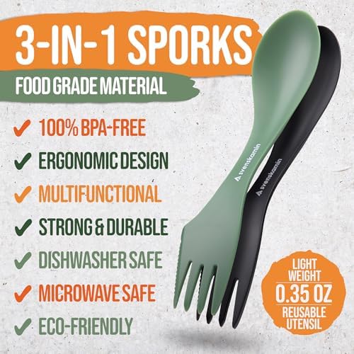 Reusable Camping Spork Set 2-Pack - 3-in-1 Travel Sporks, Lightweight Durable Utensils & Silverware for Tailgate, Outdoors, Hiking, Picnic, Lunch Box - Eco-Friendly Plastic Fork Spoon Knife Combo