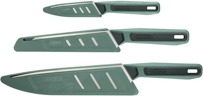 Gerber Gear ComplEAT Knife Set - Camp Cutting Set with Paring Knife with Sheaths, Serrated Utility & Chef's - Dishwasher-Safe