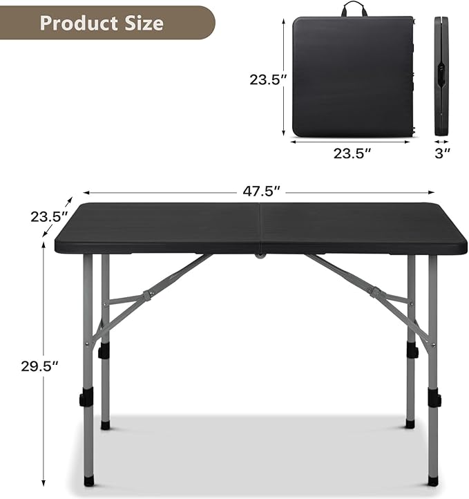 OS MOTOR 4ft Folding Table with Carry Handle, Portable Heavy Duty Plastic Utility Table with Steel Legs for Party, Wedding, Camping, Indoor, Outdoor Event, 48 Inch, Black