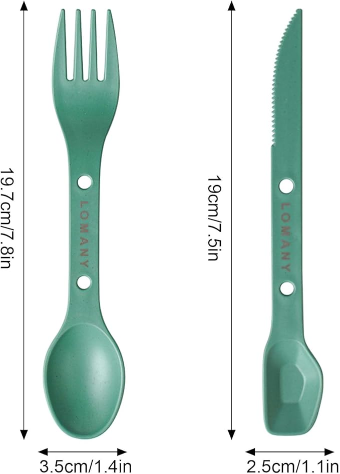 Reusable 4-in-2 Combo Camping Utensil Set, 4 Sets Spoon-Fork-Knife Travel Utensils, Portable Plastic Cutlery Backpacking Gear for Lunch Hiking Outdoor Survival (Green, Orange, Blue, Grey)