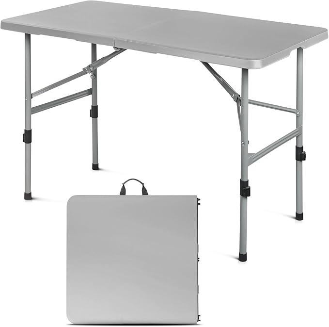 OS MOTOR 4ft Folding Table with Carry Handle, Portable Heavy Duty Plastic Utility Table with Steel Legs for Party, Wedding, Camping, Indoor, Outdoor Event, 48 Inch, Gray