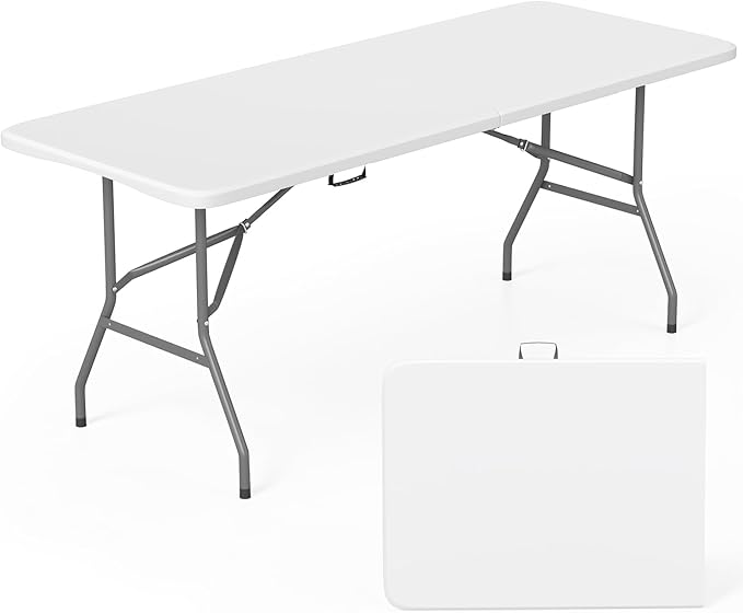 FDW 6 Foot Folding Table, Portable Plastic Table with Carrying Handle Perfect for Indoor, Outdoor, Party, Dining, Wedding, Events, Camping, White