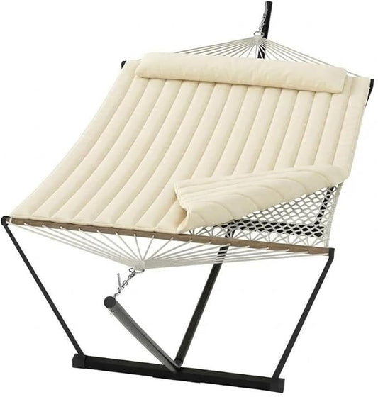 Garvee 2 Person Portable Double Hammock for Outdoor with Pillow, Heavy Duty Portable Hammock with Adjustable Steel Stand for Patio, Garden, Beach, Backyard