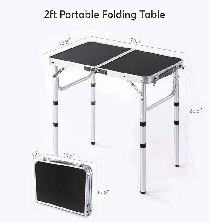 YUFIFAIRY Small Folding Table 2 Foot, Portable Camping Table with Mesh Holders,Lightweight Aluminum Adjustable Height, with Carry Handle for Camping Picnic Indoor Outdoor, White 24 x 16 inch (Black