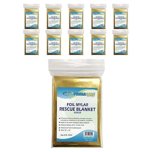 Primacare FB-6831 Emergency Mylar Thermal Blankets – 10 Pack, 62" x 82", Gold – Reflective, Waterproof, Retains 90% Body Heat – for Survival, First Aid, Outdoors, Camping, EMS