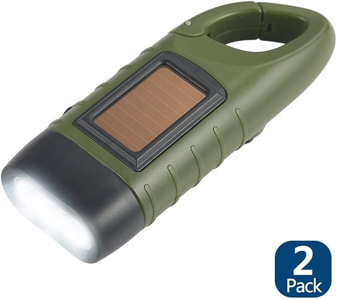 Simpeak 2-Pack Hand Crank Solar Powered Flashlight, Emergency Rechargeable LED Survival Flashlight, Quick Snap Carbiner Dynamo Flash Light Torch for Outdoor Sports, Green
