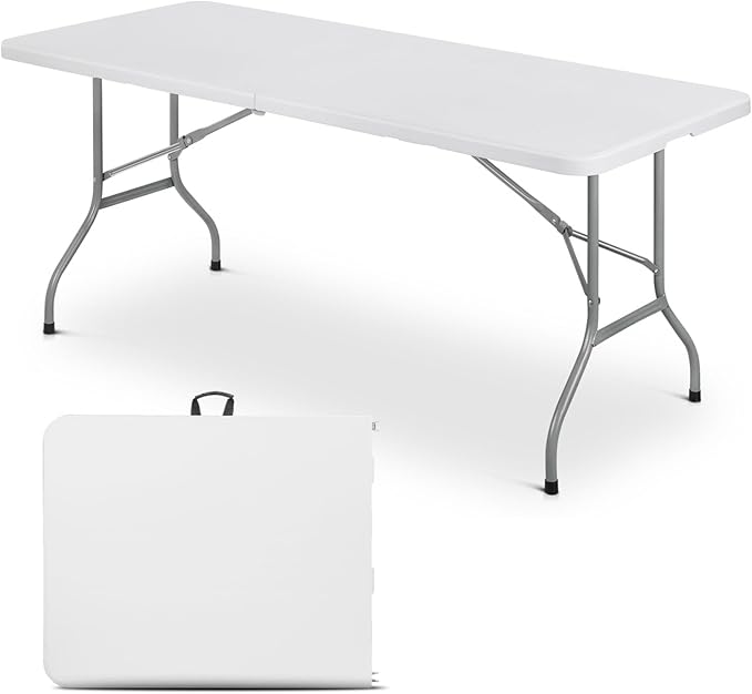 OS MOTOR 6ft Folding Table with Carry Handle, Portable Heavy Duty Plastic Utility Table with Steel Legs for Party, Wedding, Camping, Indoor, Outdoor Event, 72 Inch, White
