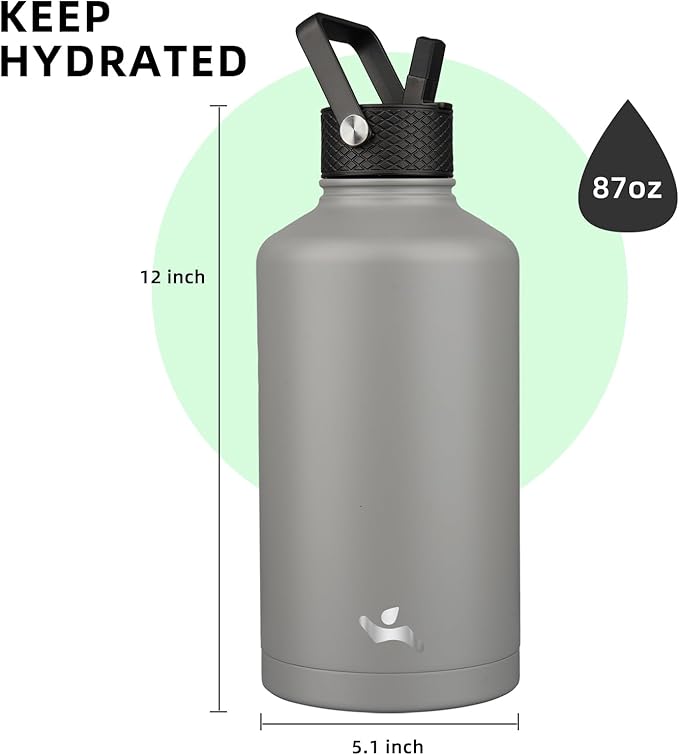 Konokyo Insulated Water Bottle with Straw,87 oz 3 Lids Water Jug with Carrying Bag,Paracord Handle,Double Wall Vacuum Stainless Steel Metal Flask,Gray