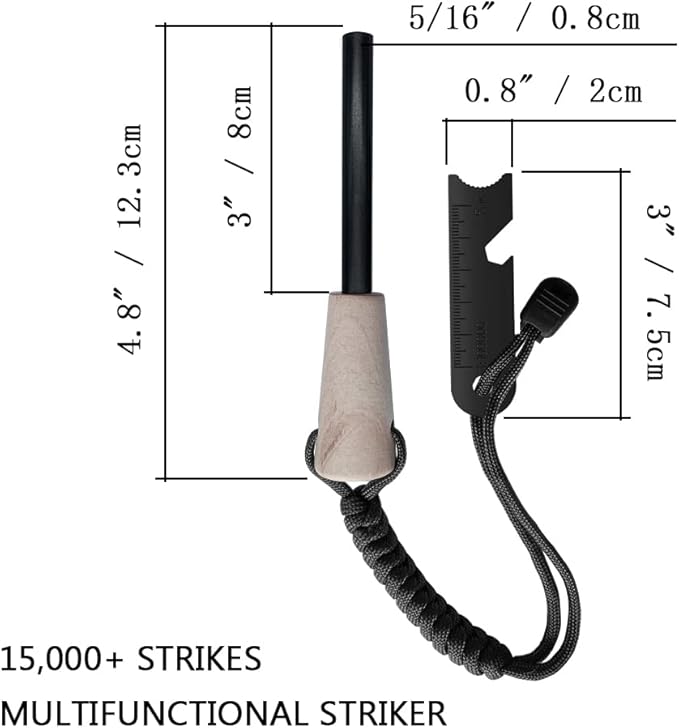 Fire Starter Survival Kit, Larger Ferro Rod with Striker Lanyard 3in Long Flint and Steel, 13.8in Wick Hemp Cord, Multifunctional Bag