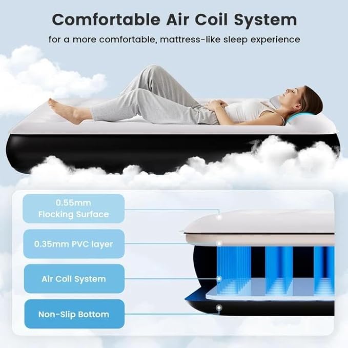 COMMOUDS Queen Air Mattress with Built-in USB Rechargeable Air Pump, Camping Blow up Mattress, Portable Inflatable Mattress, Air Bed for Outdoor, Travel, Home and Guest, 8" Raised