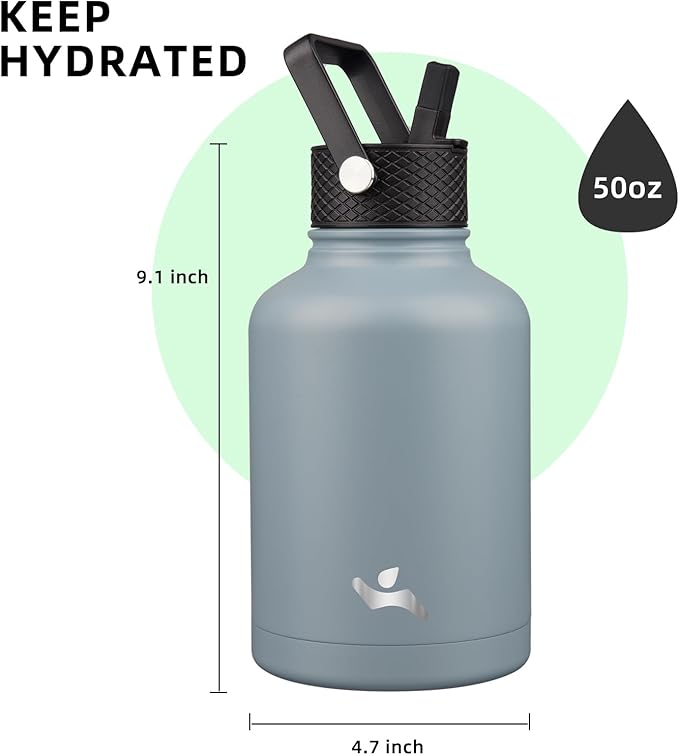 Konokyo Insulated Water Bottle with Straw,50 oz 3 Lids Water Jug with Carrying Bag,Paracord Handle,Double Wall Vacuum Stainless Steel Metal Flask,Storm Blue