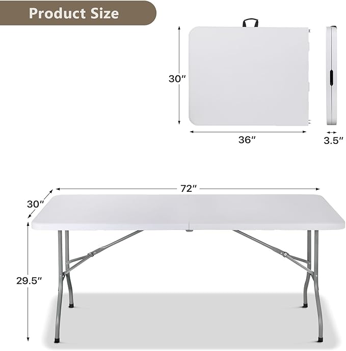 OS MOTOR 6ft Folding Table with Carry Handle, Portable Heavy Duty Plastic Utility Table with Steel Legs for Party, Wedding, Camping, Indoor, Outdoor Event, 72 Inch, White