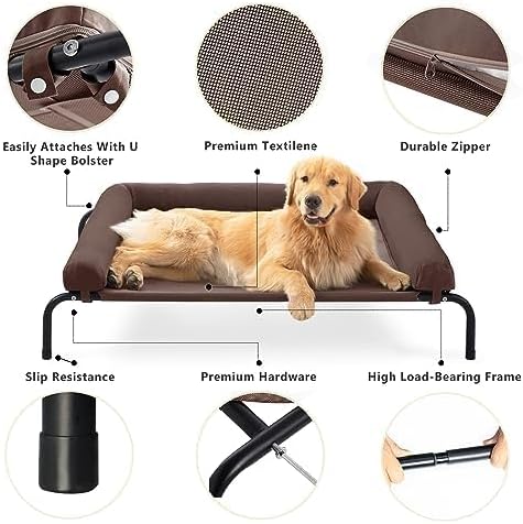 Cooling Elevated Dog Bed - Outdoor Medium Raised Dog Cot W/Breathable Mesh, Portable Pet Cot W/Removable & Waterproof Bolster,Elevated Dogs Beds