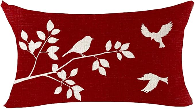 ITFRO Hand-Painted Rustic Forest Wildlife Birds Tree Branches Waist Lumbar Cotton Linen Red Throw Pillow Case Cushion Cover Oblong 12x20 Inches (Red B)