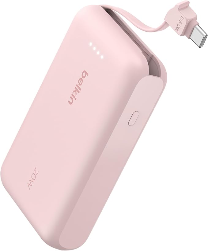 Belkin Portable Charger Power Bank USB C, 10000 mAh w/Integrated Cable, 20W Fast Charge USB-C Power Delivery, iPhone Charger, Apple iPhone 17, Air, Pro, Pro Max, iPad, Samsung Galaxy S25 - Pink