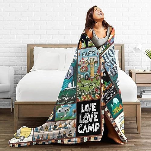 Camping Blanket Soft Warm Plush Throw Blanket Happy Camper RV Gifts for Camper Lover Cozy Lightweight Flannel Fleece Bedding Stuff Decor Blanket for Girls Kids Adults Women 40"x50"