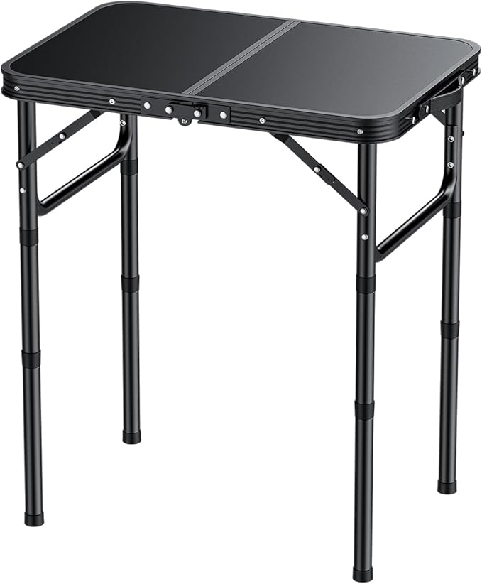 EYPINS Folding Camping Table Portable - Pure Black Aluminum 22.8x15.7'',3 Height Adjustable Small Outdoor Folding Table,Waterproof Lightweight Table with Carry Handle for Picnic,Cooking,BBQ,Beach