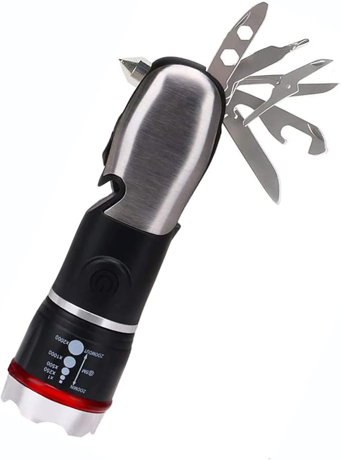Multi Tool LED Flashlight All In One Tool Light Tactical Torch for Cars Emergency Camping with Glass Breaker and Seat belt Cutter(Black)