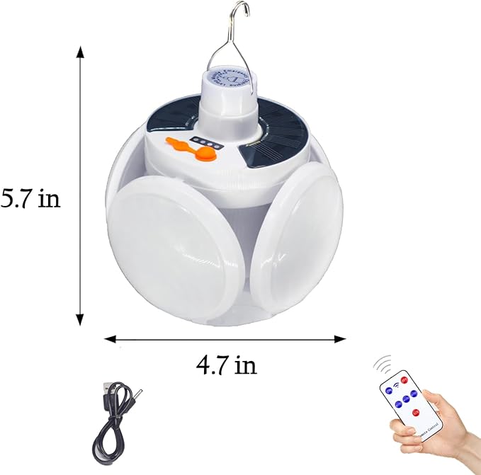 Folding Solar Camping Lights USB Rechargeable Lantern Waterproof Hanging Canopy Tent Lamp Remote Control Blub Portable for Home Indoor Outdoor Emergency Power Outage Vendors Booths 1 Pack