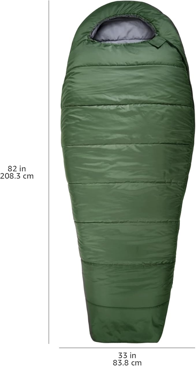 Amazon Basics 20°F Cold Weather Mummy Sleeping Bag for Hiking, Outdoor Camping with No-Snag Zipper, Portable, 82" x 33", Olive Green