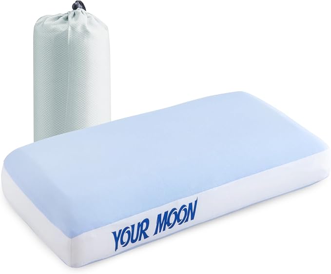YOUR MOON Memory Foam Travel Pillow, Pure Cotton Cover, Small Compressible Camping Pillow for Sleeping, Portable Backpacking Support Pillows for Hiking, Car (Blue White)