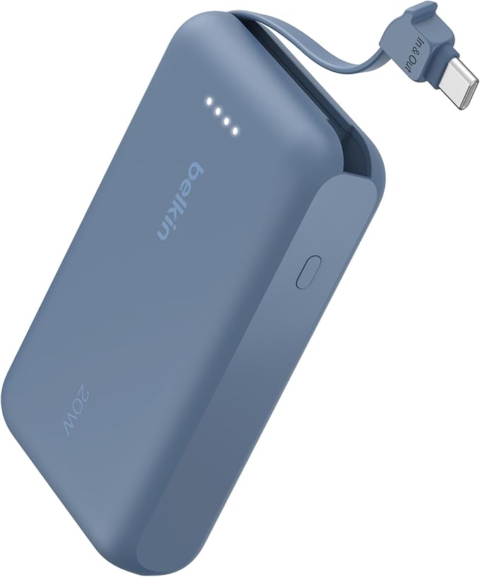 Belkin Portable Charger Power Bank USB C, 10000 mAh w/Integrated Cable, 20W Fast Charge USB-C Power Delivery, iPhone Charger, Apple iPhone 17, Air, Pro, Pro Max, iPad, Samsung Galaxy S25 - Blue
