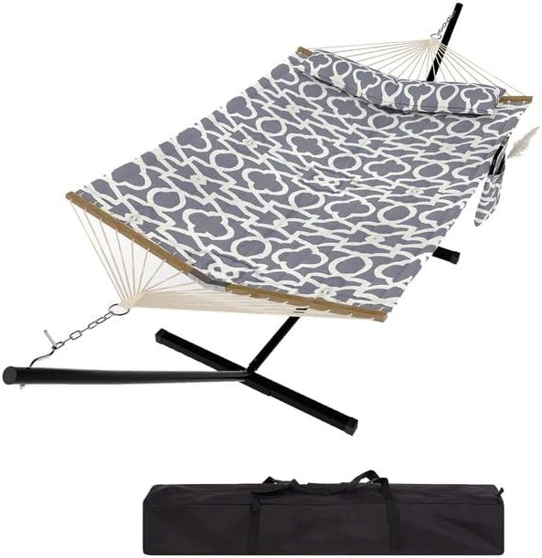 GarveeHome 2 Person Outdoor Hammock with Stand, Portable Hammock, Heavy Duty Hammock with Soft Pillow, Balance Ropes, for Patio, Backyard, Garden, Beach, Stripe