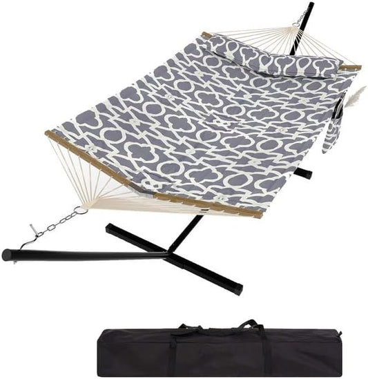 GarveeHome 2 Person Outdoor Hammock with Stand, Portable Hammock, Heavy Duty Hammock with Soft Pillow, Balance Ropes, for Patio, Backyard, Garden, Beach, Stripe