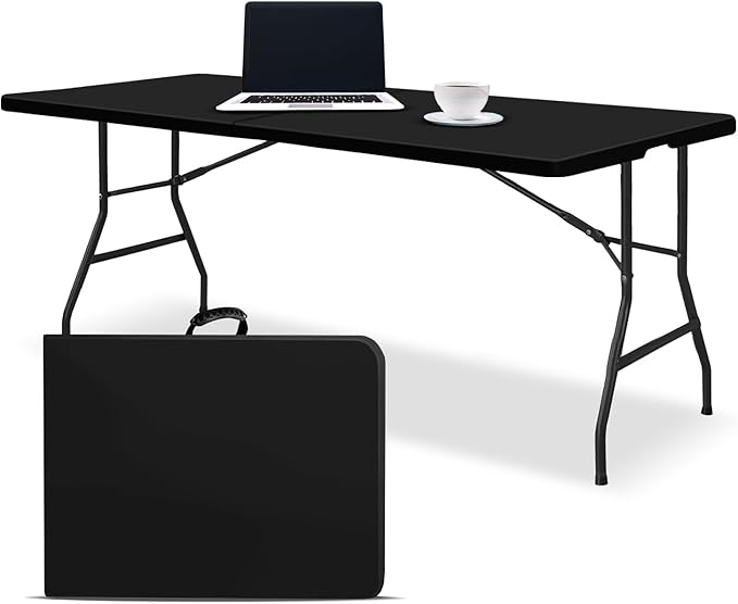 EconoHome Black 8ft Folding Table with Handle | Heavy-Duty Foldable Table | Portable Table for Indoor & Outdoor Use | Perfect for Events, Camping, Parties, Dining & More