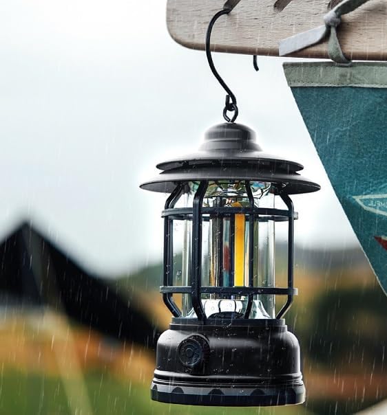 Rechargeable Camping Lantern, Frame Decorative Table Lamp, 3 Modes LED Lights with Hooks, Dimmable, Vintage Style, Portable Waterproof Camping Light for Indoor/Outdoor Use
