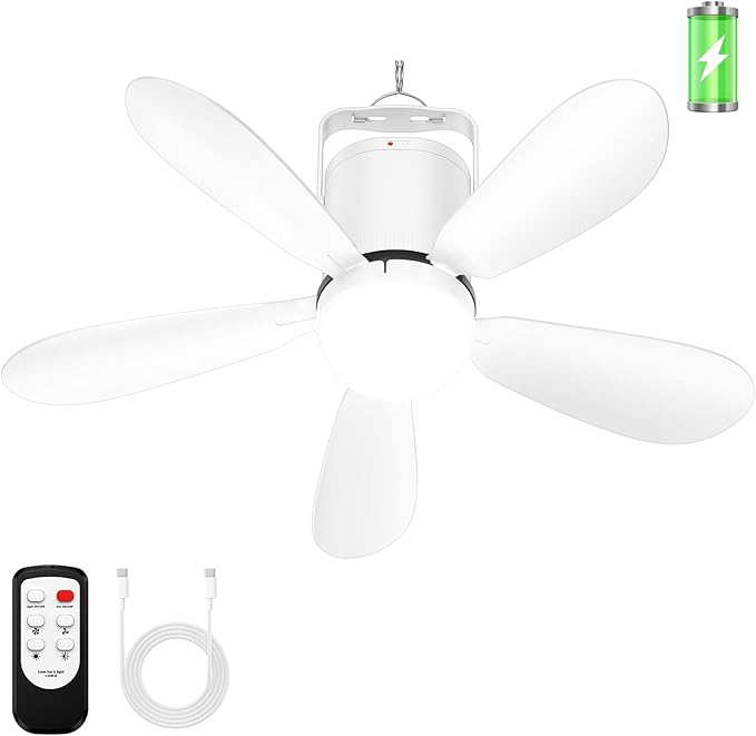 21” Battery Operated Ceiling Fan Light, Portable Ceiling Fan with Remote, Wireless Rechargeable Gazebo Fan Light for Outdoor, for Tent Porch Patio Camping Canopy Chicken Coop Outside