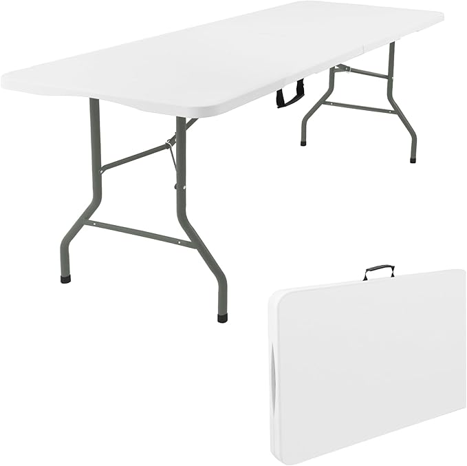 Fivenl 5 Feet Portable Folding Table White, Steel Legs Fold-in-Half with Carrying Handle Rectangular Plastic Foldable Table for Party, Wedding, Camping, Picnic, Dining, Indoor Outdoor Events