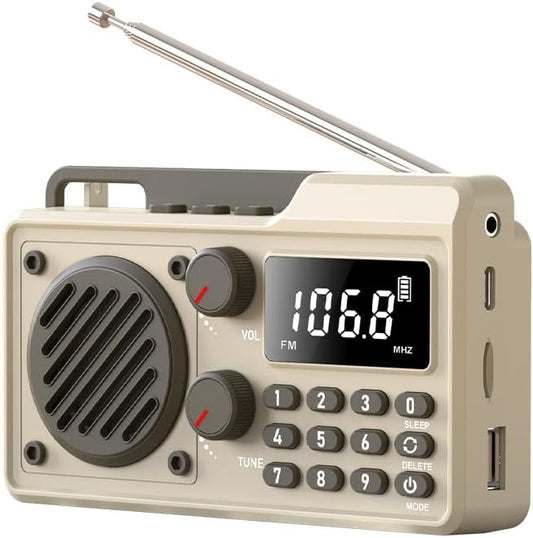 Portable Radio AM FM 1500mAh Rechargeable with Best Reception, Transistor shortwave Radio Wireless Bluetooth Speaker, with Large LCD Screen, Support TF Card U Disk, Earphone, Sleep Timer(Khaki)