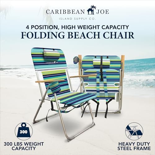 CARIBBEAN JOE Folding Beach Chair, 4 Position Portable Backpack Foldable Camping Chair with Headrest, Cup Holder, and Wooden Armrests