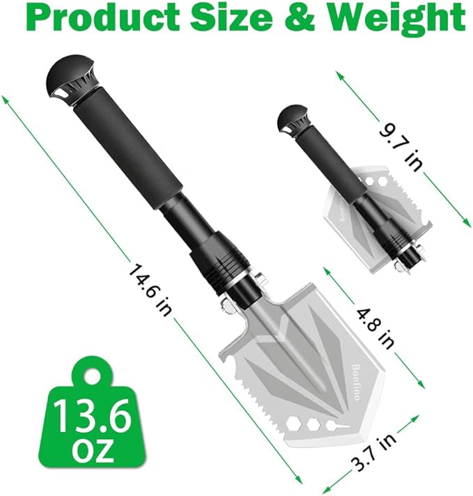 Foldable Camping Shovel - 14.6" High Carbon Steel Portable Multitool Entrenching Tool for Backpacking, Hiking, Survival & Car Emergency - Lightweight & Rustproof (Basic 14.6" E-Tool)
