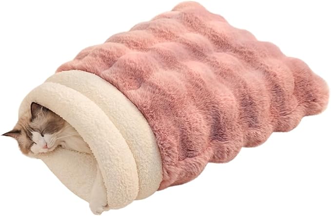 Self-Warming Cat Sleeping Bag, Enclosed Hooded Snuggle Sack with Dual-Side Plush Cat Cave Bed, Portable Foldable Pet Sleeping Pod for Indoor & Travel, Anti-Static, 21.7"x17.7"Pink