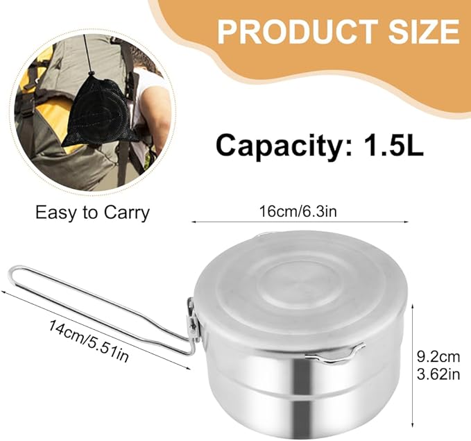 Stainless Steel Camping Cook Pot, 1.5L Camping Cookware with Lid and Folding Handle, Large Capacity Bento Pot for Outdoor Backpacking Campings Hiking Picnic
