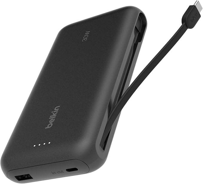 Belkin Power Bank with Integrated Cable, Fast Charging USB-C, 20000 mAh 30W, Portable Charger Power Bank USB C for iPhone 17, Air, Pro, Pro Max, iPad, AirPods, Apple Watch, Galaxy S25, & More - Black