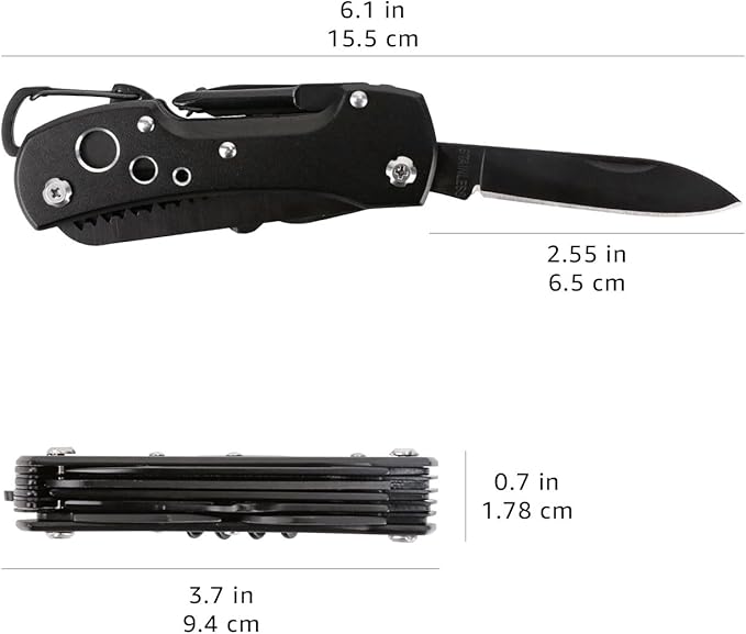 Amazon Basics 15-in-1 Stainless Steel Multitool Pocket Knife with Sheath for Hiking, Camping, Survival, Black, Pocket Size