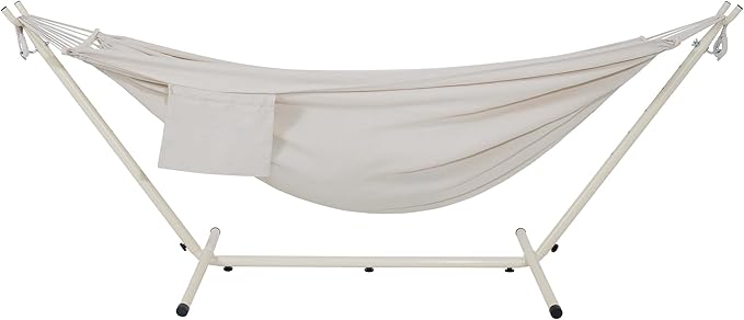 LazyDaze Hammocks Double Hammock with Stand - 2 Person Heavy Duty Outdoor Hammock for Adults, Includes Durable Steel Stand, Portable Carrying Bag and Pillow, Beige