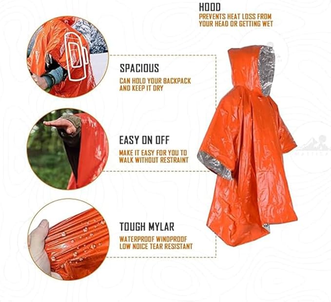 Emergency Survival Poncho (4pc) Thermal Mylar Foil Coating Blanket for Heat Retention and Rain | Reversible with Hood | Waterproof, Windproof, Portable | Orange | 100x130cm